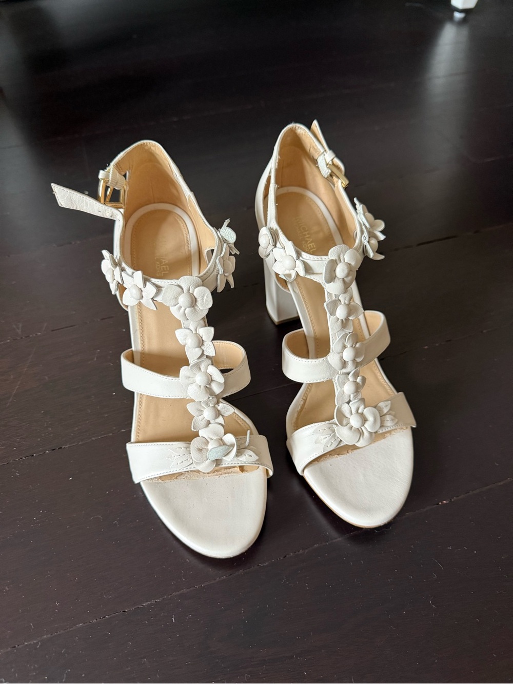 MICHAEL Michael Kors White Floral T-Strap Block Heel Sandals